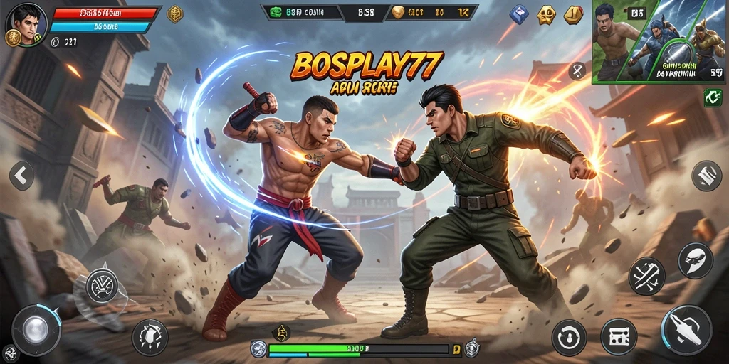 Screenshot menunjukkan aksi pertarungan mendebarkan dalam BOSPLAY77.