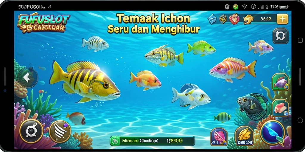 Screenshot FUFUSLOT menunjukkan aksi menembak ikan yang seru dan dinamis.