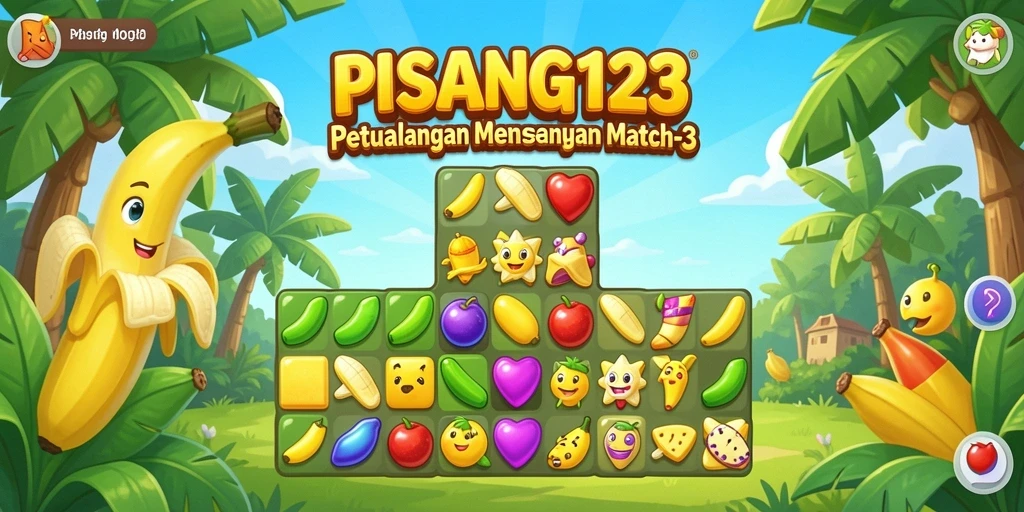 Tampilan gameplay PISANG123 yang penuh warna dalam genre Match-3.