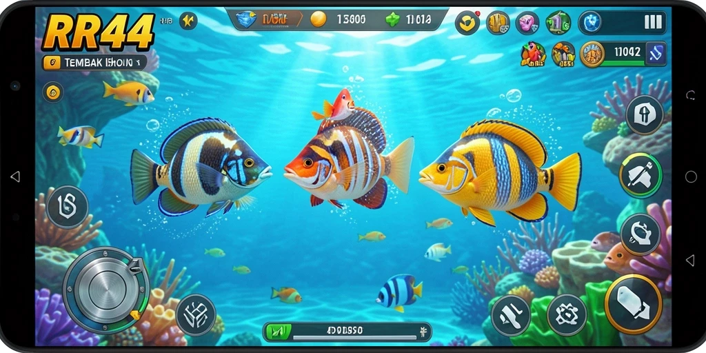 Screenshot utama RR44 menunjukkan aksi seru dalam Tembak Ikan.